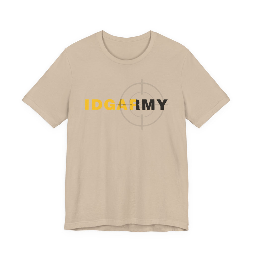 Tan IDGAF Army tee laid flat, gold and charcoal lettering over a soft crosshair