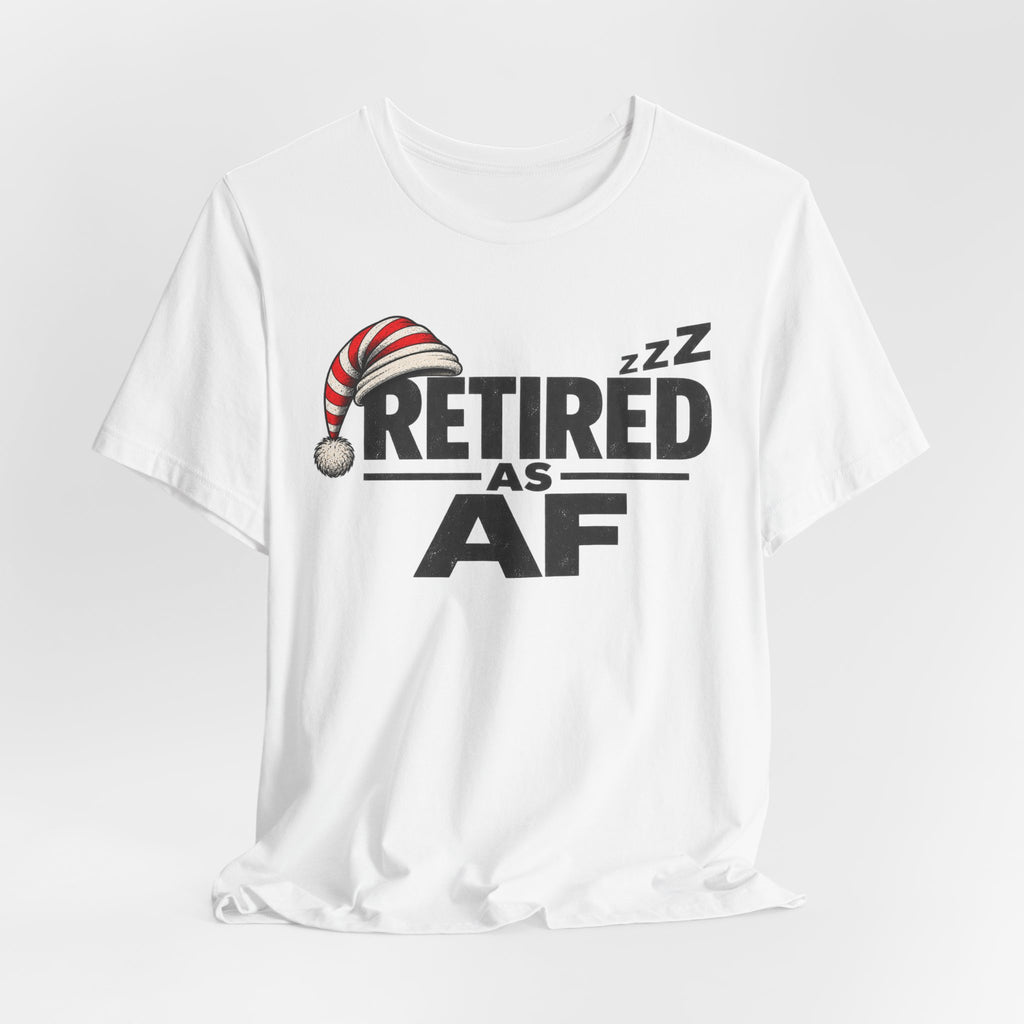 White Retired AF tee draped and gathered, front RETIRED AS AF print in dark grey