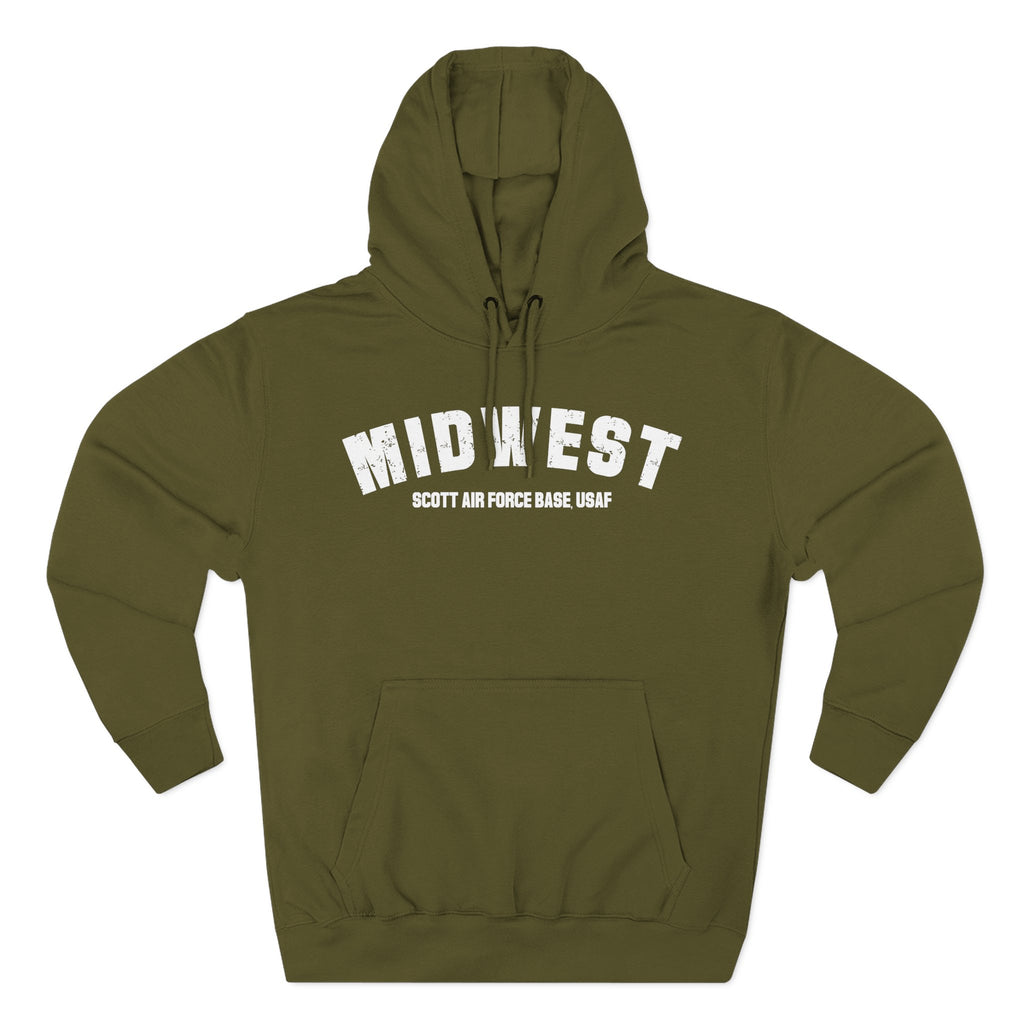 Army Green personalized Midwest hoodie laid flat, customized for Scott Air Force Base