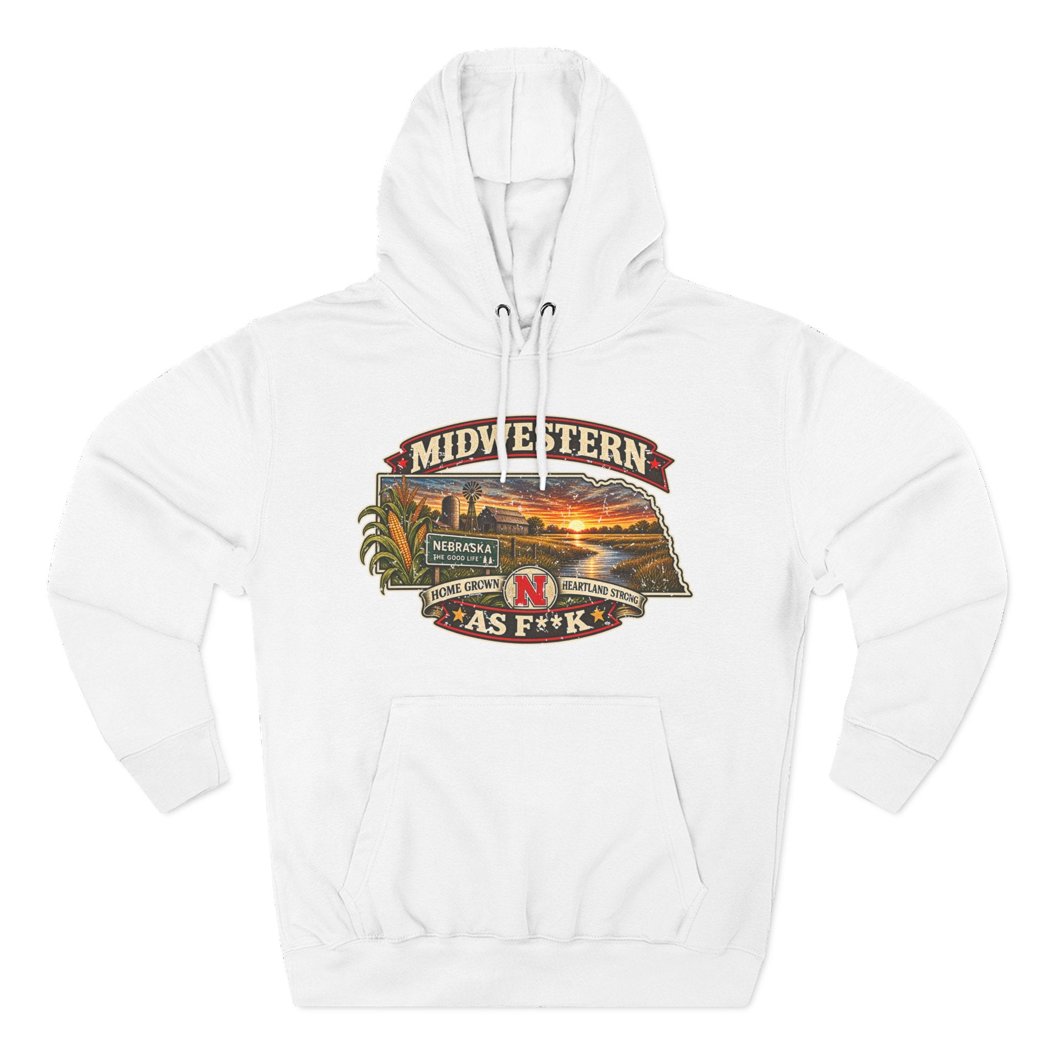White Nebraska As F**K hoodie laid flat with the state-shaped sunset farm badge on the chest