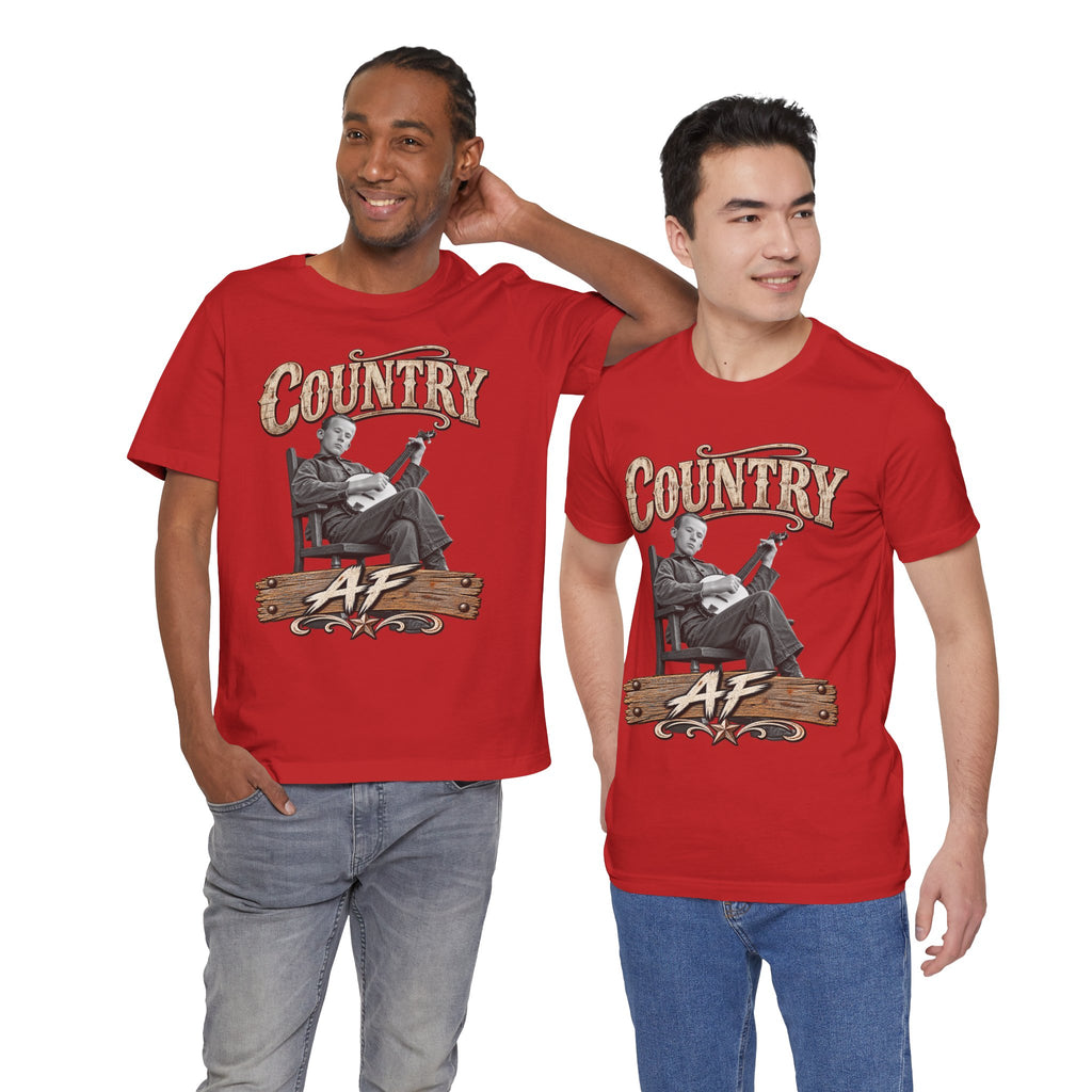 Two men side by side in Red Country AF tees, front prints showing