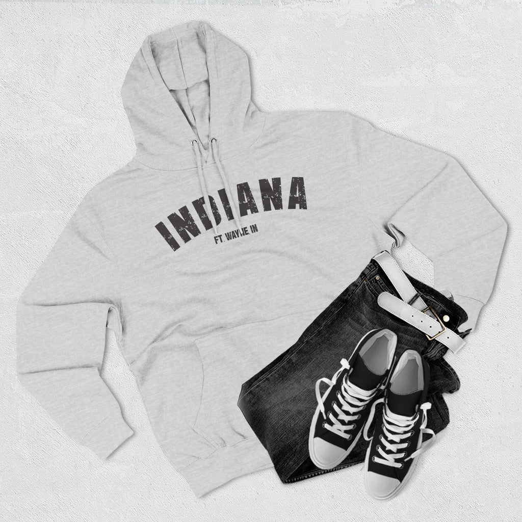 Heather Grey Indiana hoodie styled flat with jeans and sneakers, charcoal INDIANA and a Ft Wayne IN line