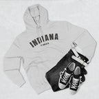 Heather Grey Indiana hoodie styled flat with jeans and sneakers, charcoal INDIANA and a Ft Wayne IN line