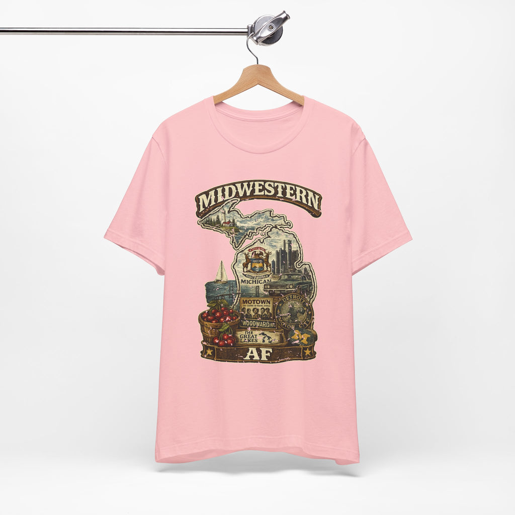 Family Friendly Midwestern AF Michigan T-Shirt – product photo 17 featuring a distressed vintage design featuring Michigan's Upper and Lower Peninsulas overlaid with the state outline, surrounded by Detroit's skyline, Woodward Avenue, the Great Lakes, and Traverse City cherries