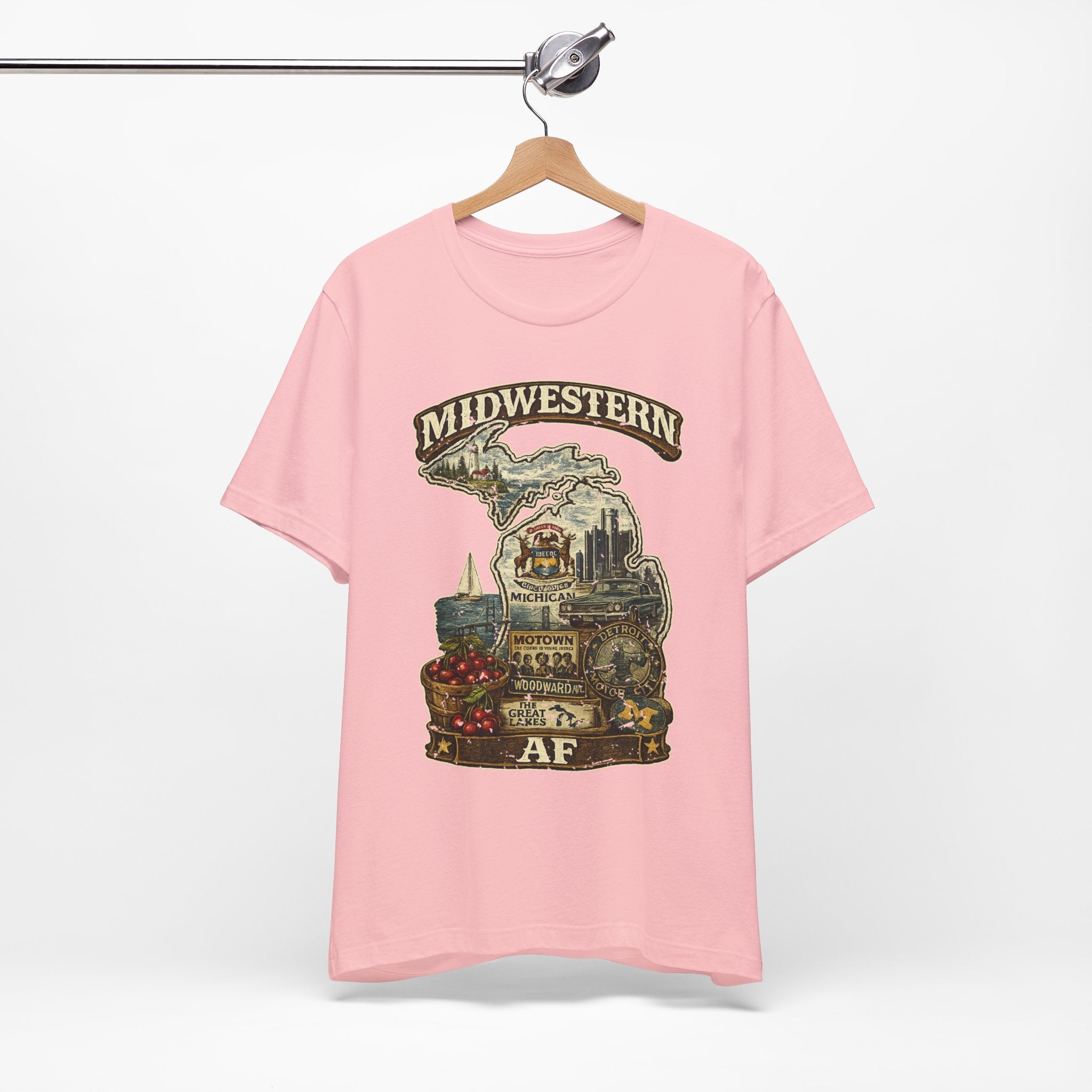 Family Friendly Midwestern AF Michigan T-Shirt – product photo 17 featuring a distressed vintage design featuring Michigan's Upper and Lower Peninsulas overlaid with the state outline, surrounded by Detroit's skyline, Woodward Avenue, the Great Lakes, and Traverse City cherries
