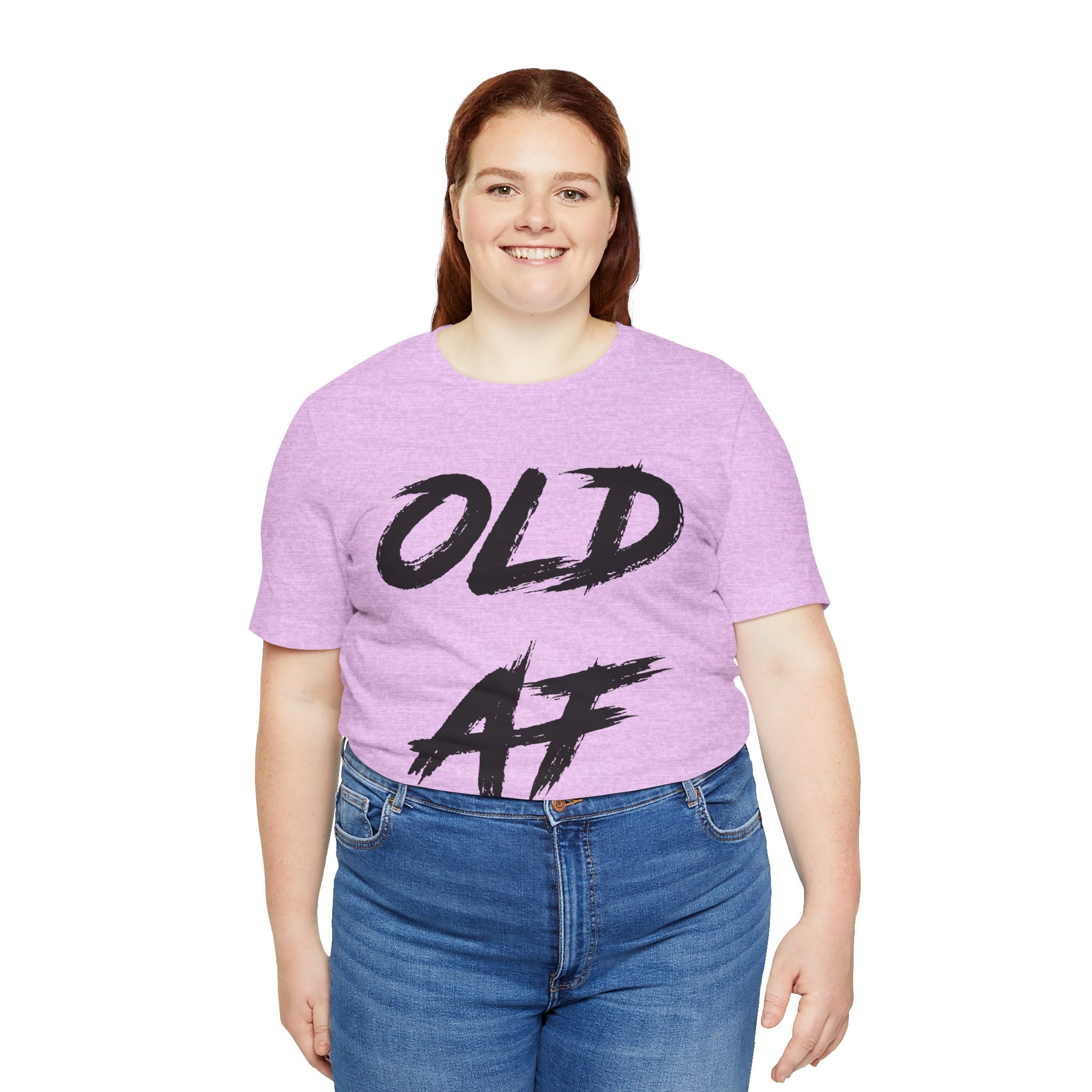 Smiling woman in the lilac birthday tee customized to read OLD AF