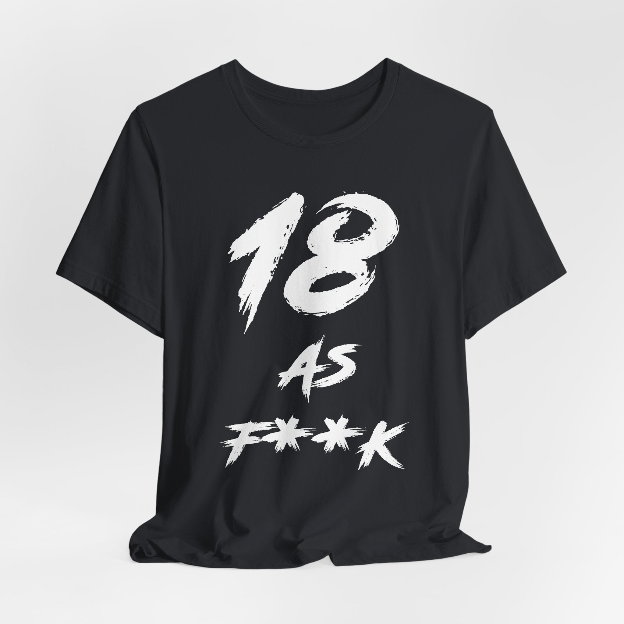 Vintage Black birthday t-shirt laid flat and rumpled, white 18 AS F**K chest graphic