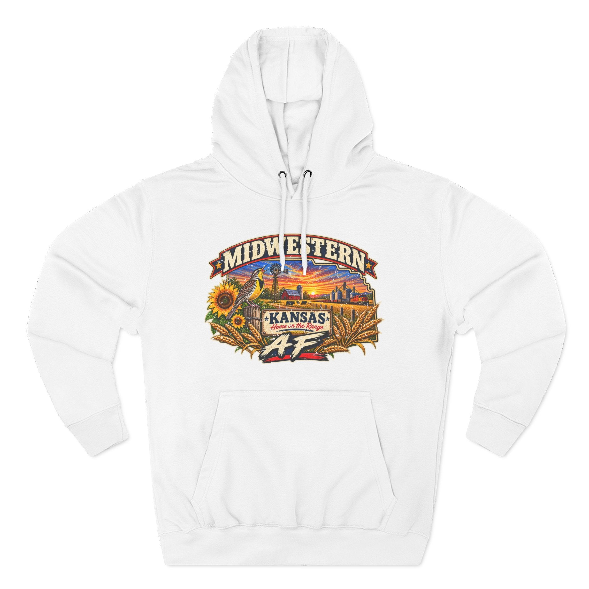 White Kansas AF hoodie laid flat with the sunflower and prairie sunset badge