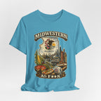 Slightly Salty Midwestern As F**K Illinois T-Shirt – product photo 13 featuring a distressed vintage design featuring the Illinois state outline overlaid with the state flag, surrounded by the Chicago skyline, the Chicago Theatre sign, The Bean, deep-dish pizza, a Chicago-style hot dog, and towering corn fields