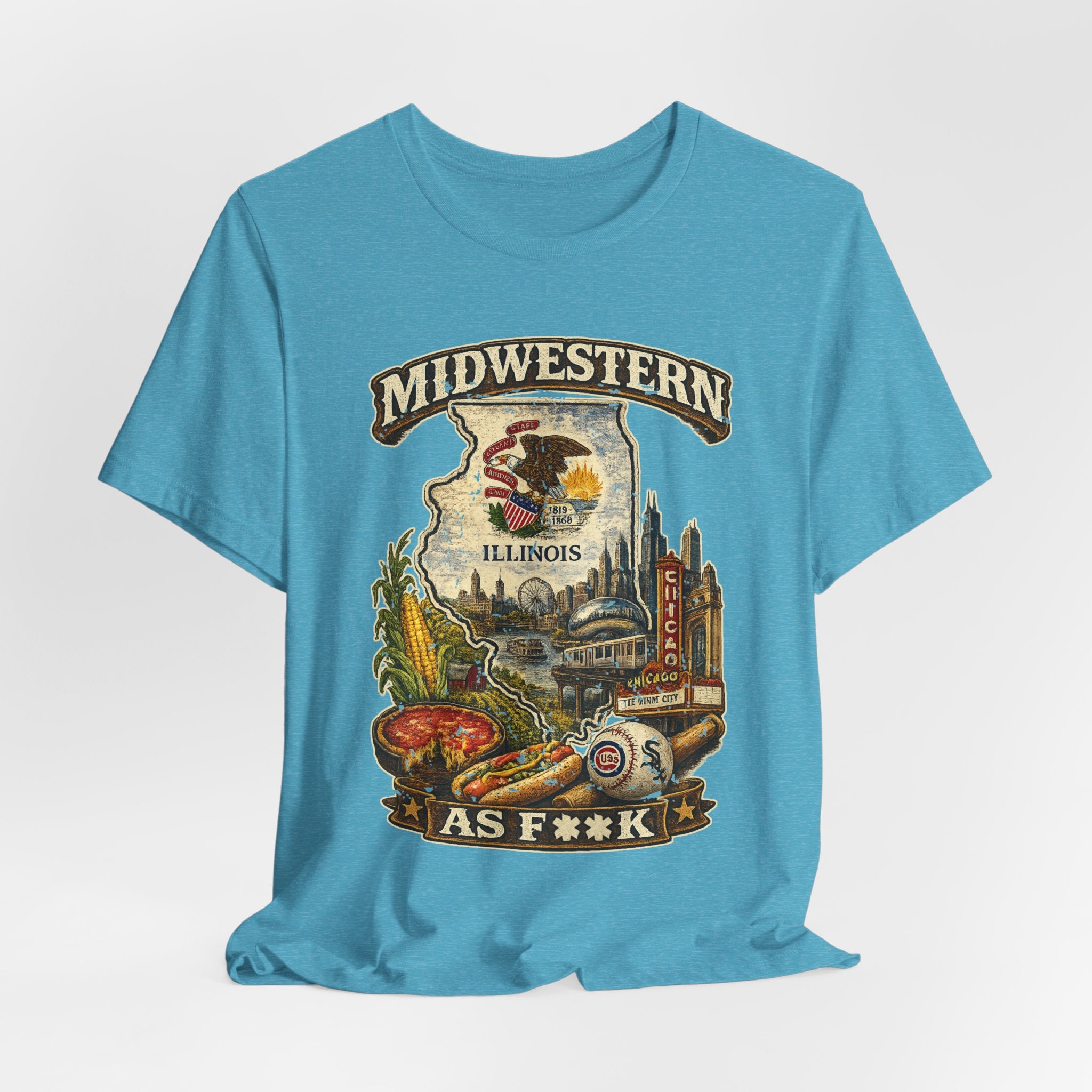Slightly Salty Midwestern As F**K Illinois T-Shirt – product photo 13 featuring a distressed vintage design featuring the Illinois state outline overlaid with the state flag, surrounded by the Chicago skyline, the Chicago Theatre sign, The Bean, deep-dish pizza, a Chicago-style hot dog, and towering corn fields