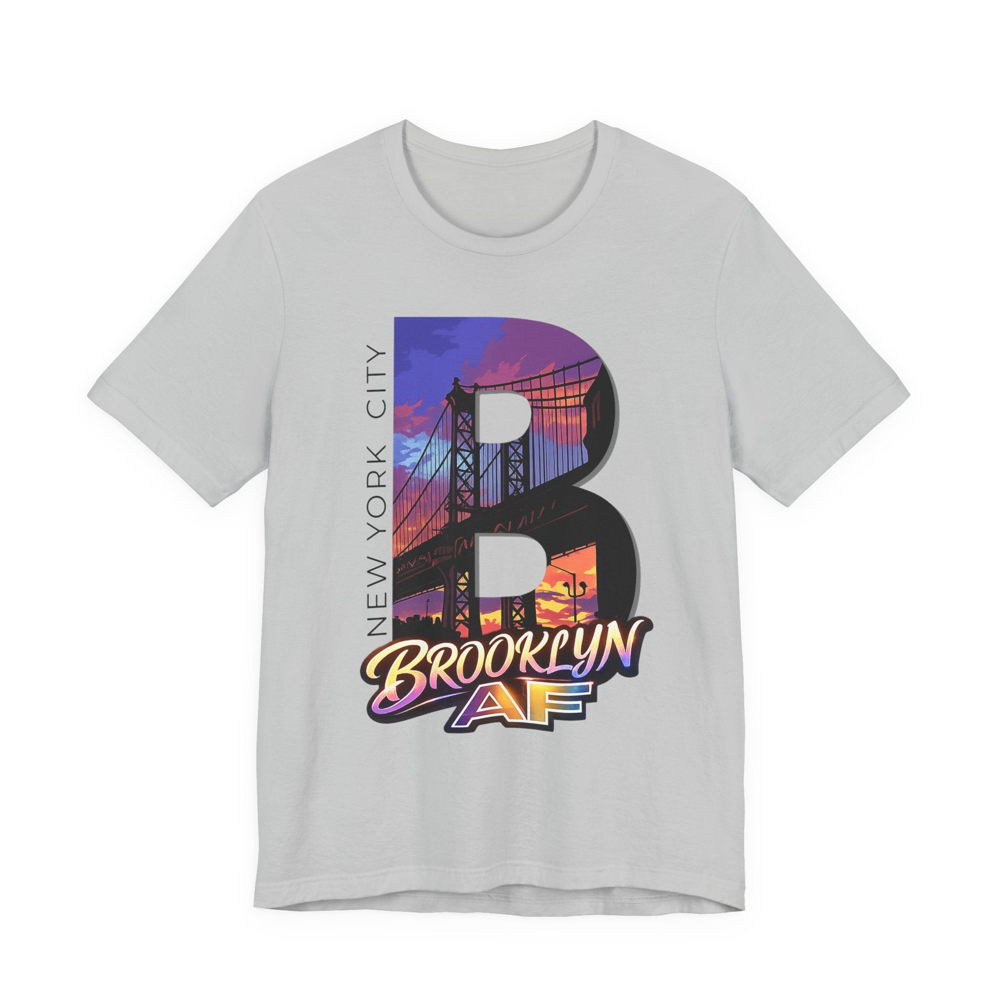 Athletic heather grey t-shirt, flat lay, with a bold "B" Brooklyn Bridge sunset skyline graphic.