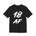 Black 18 AF birthday t-shirt laid flat with the white distressed brush lettering