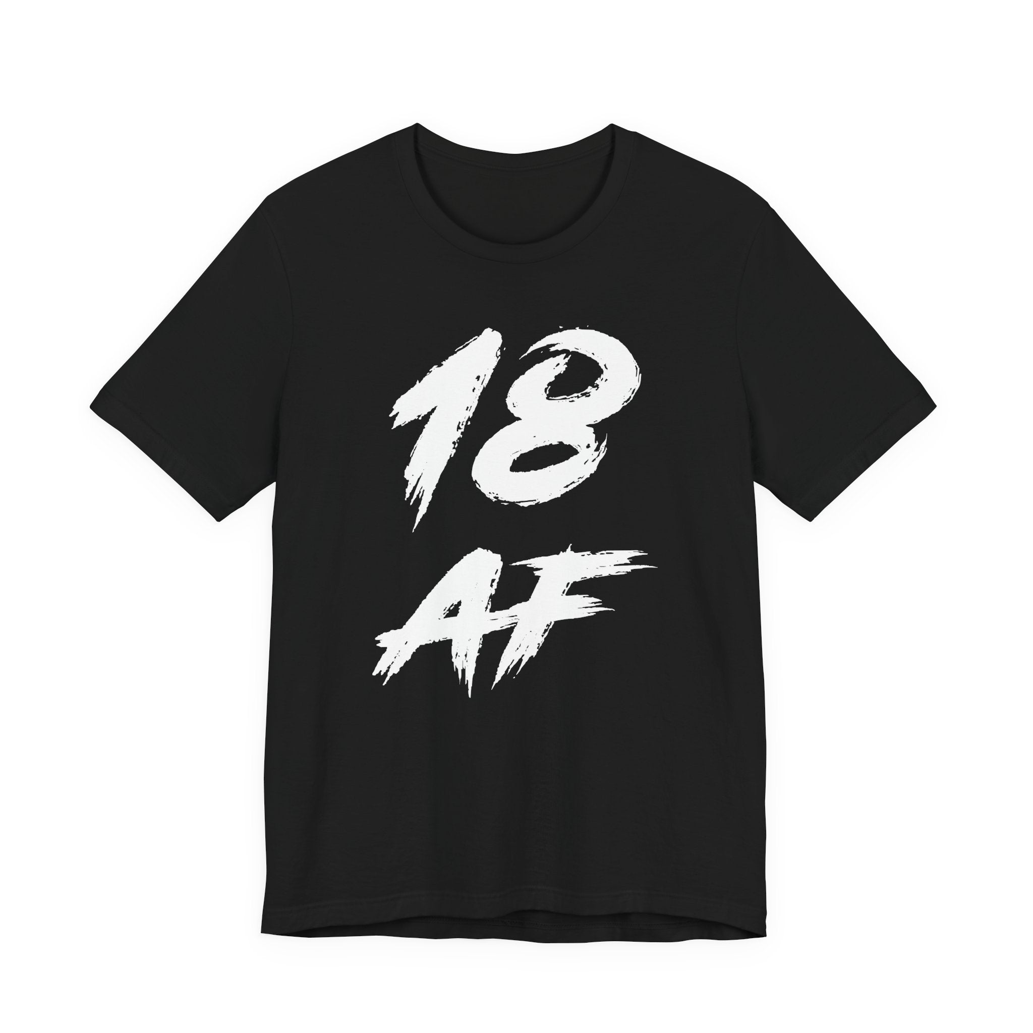 Black 18 AF birthday t-shirt laid flat with the white distressed brush lettering