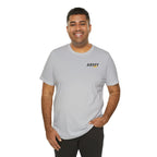 Smiling man wearing the Army veteran T-shirt in Solid Athletic Grey, front view