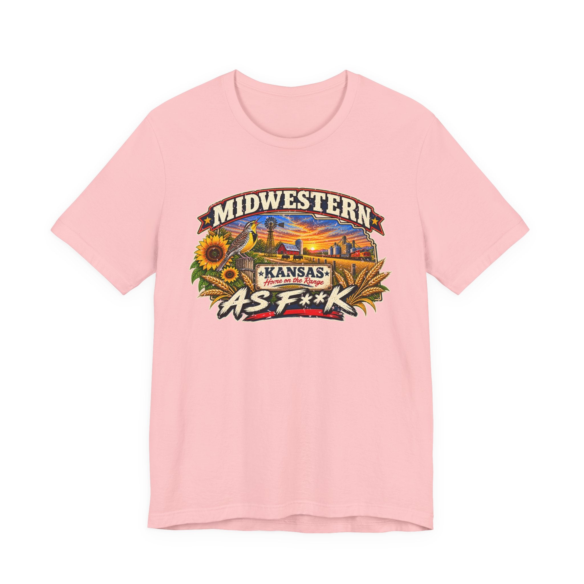 Pink Kansas As F**K tee laid flat, sunflowers and wheat framing the prairie sunset badge