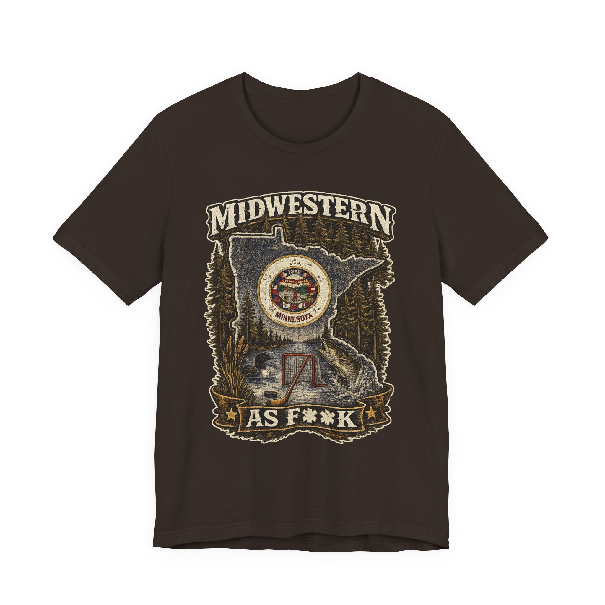 Slightly Salty Midwestern As F**K Minnesota T-Shirt in Brown – distressed Minnesota state flag design with pine trees, loon and walleye