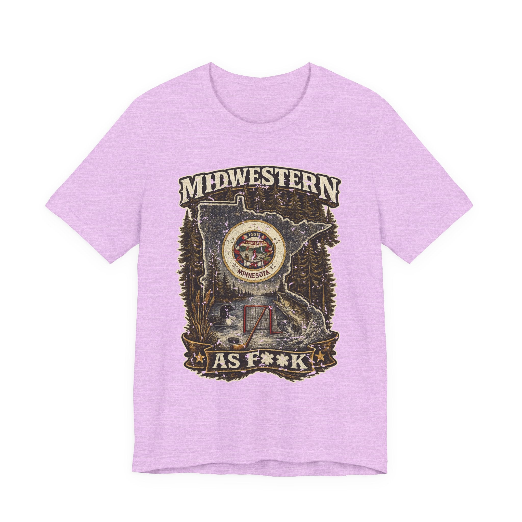 Slightly Salty Midwestern As F**K Minnesota T-Shirt in Heather Prism Lilac – distressed Minnesota state flag design with pine trees, loon and walleye