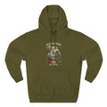 Midwestern As Fuck Michigan Hoodie in Army Green – a distressed vintage design featuring Michigan's Upper and Lower Peninsulas overlaid with the state outline, surrounded by Detroit's skyline, Woodward Avenue, the Great Lakes, and Traverse City cherries