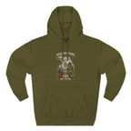 Midwestern As Fuck Michigan Hoodie in Army Green – a distressed vintage design featuring Michigan's Upper and Lower Peninsulas overlaid with the state outline, surrounded by Detroit's skyline, Woodward Avenue, the Great Lakes, and Traverse City cherries