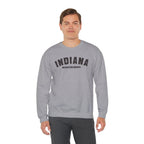 Man wearing a Sport Grey personalized Indiana sweatshirt, charcoal INDIANA above a Midwestern Goodbye line