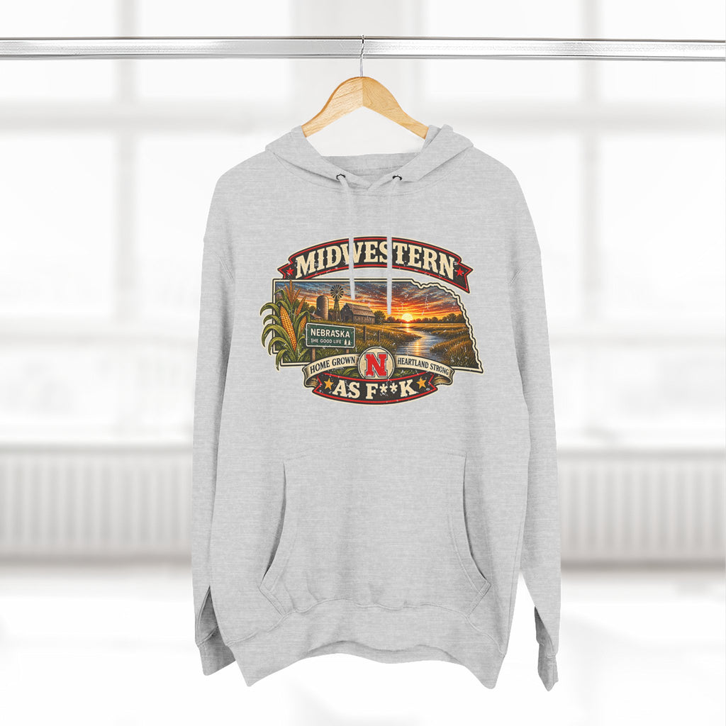 Heather grey Nebraska As F**K hoodie on a hanger with the sunset farm badge