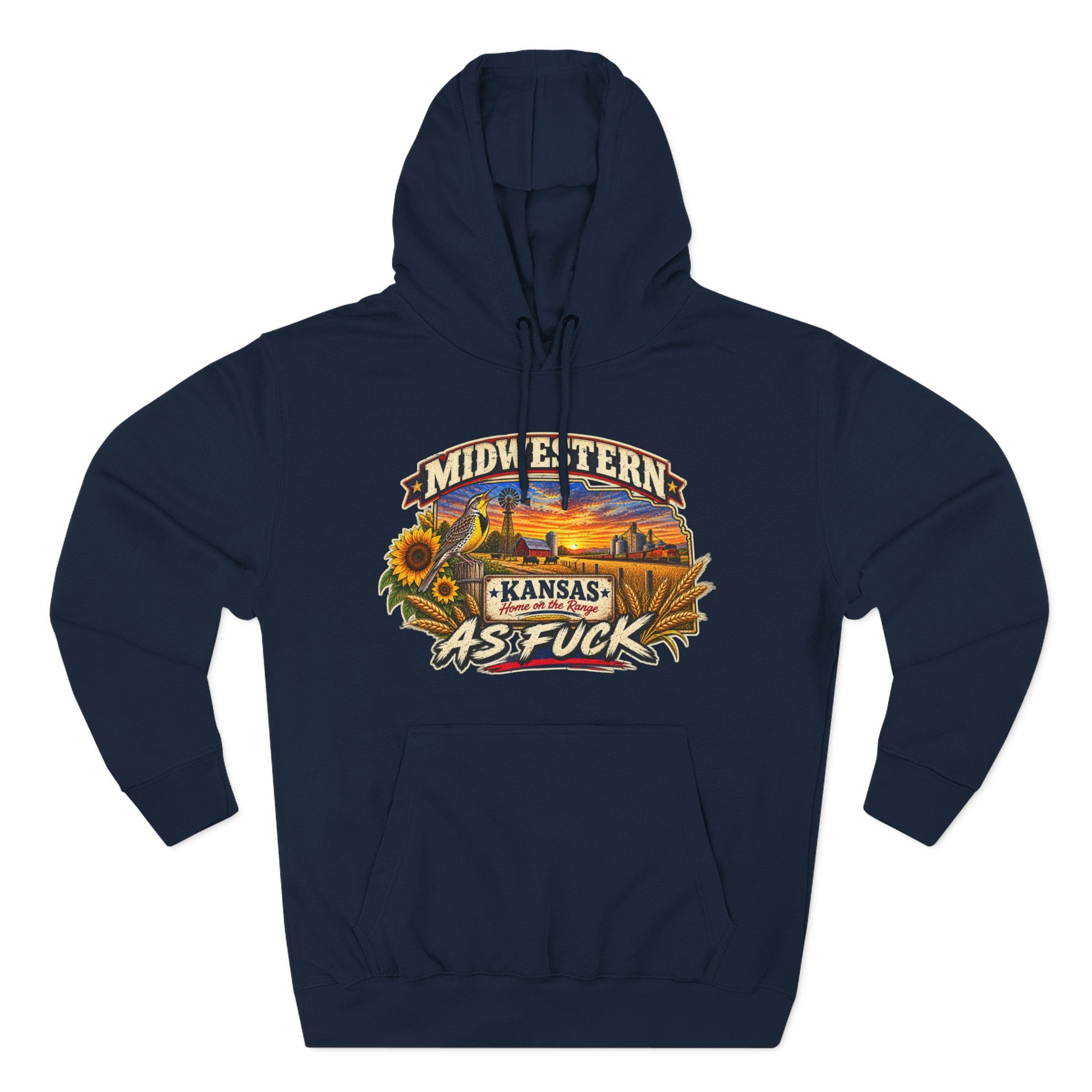 Navy Kansas As Fuck hoodie laid flat with the state-shaped sunflower and sunset badge