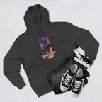 Black hoodie styled with black jeans, belt, and sneakers, bold B with a Brooklyn Bridge sunset skyline graphic.