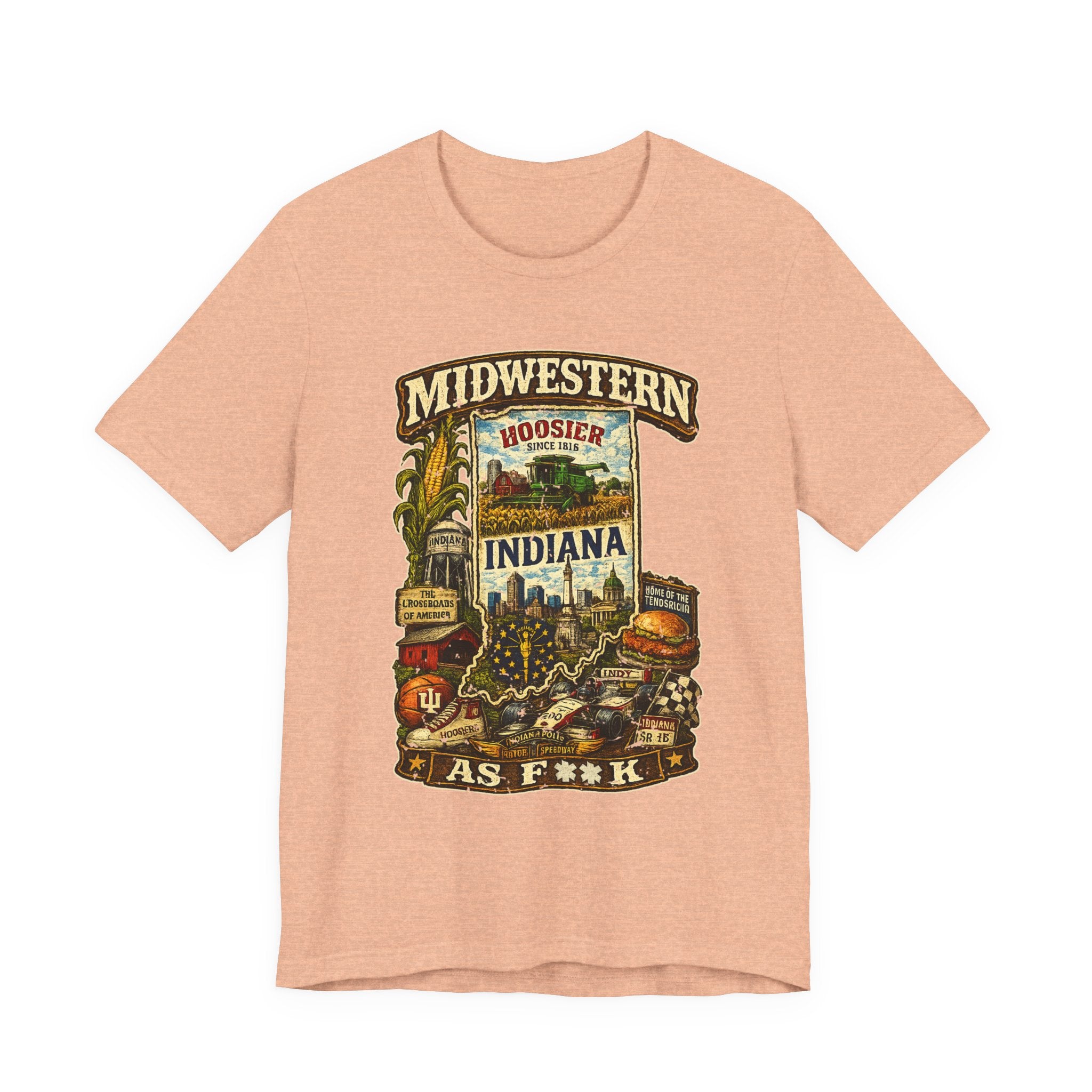 Heather Peach Midwestern As F**K Indiana T-Shirt, slightly salty Hoosier State pride tee