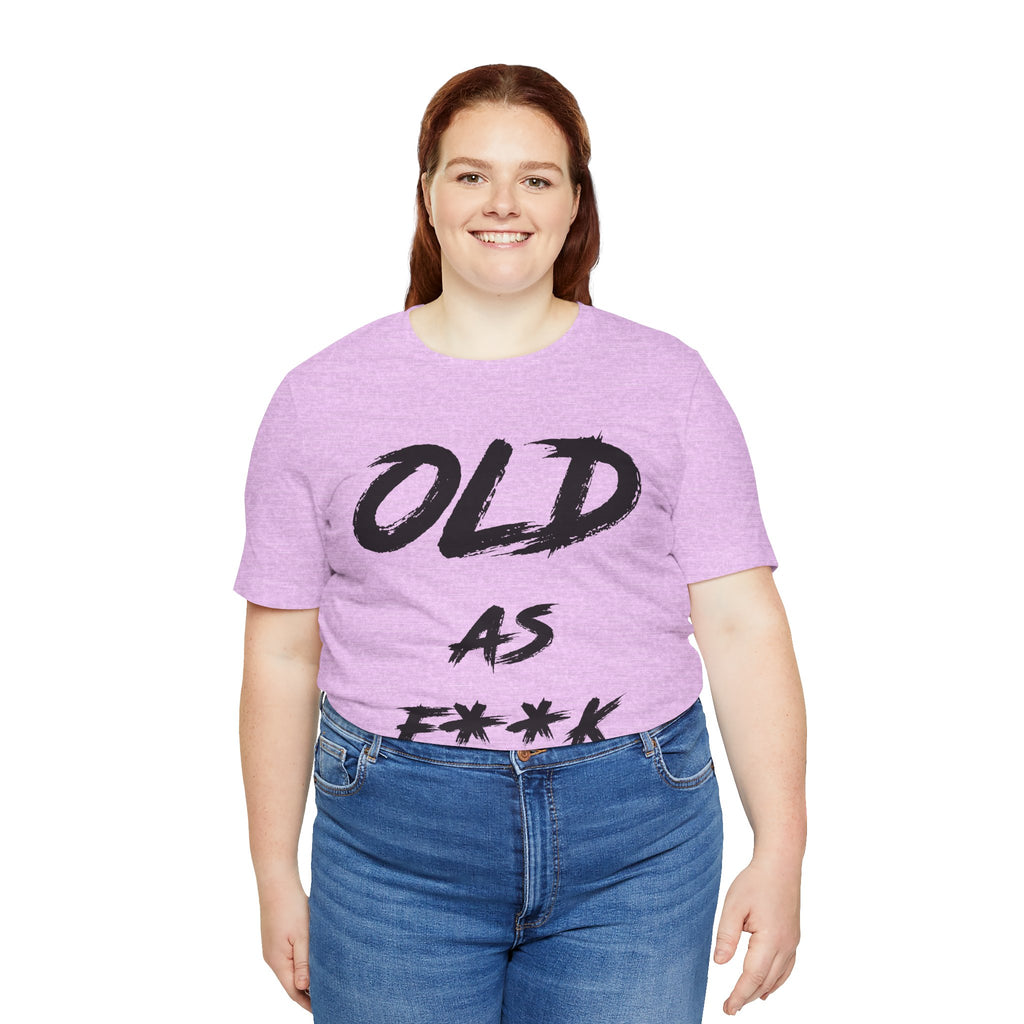 Smiling woman in the lilac birthday tee customized to read OLD AS F**K