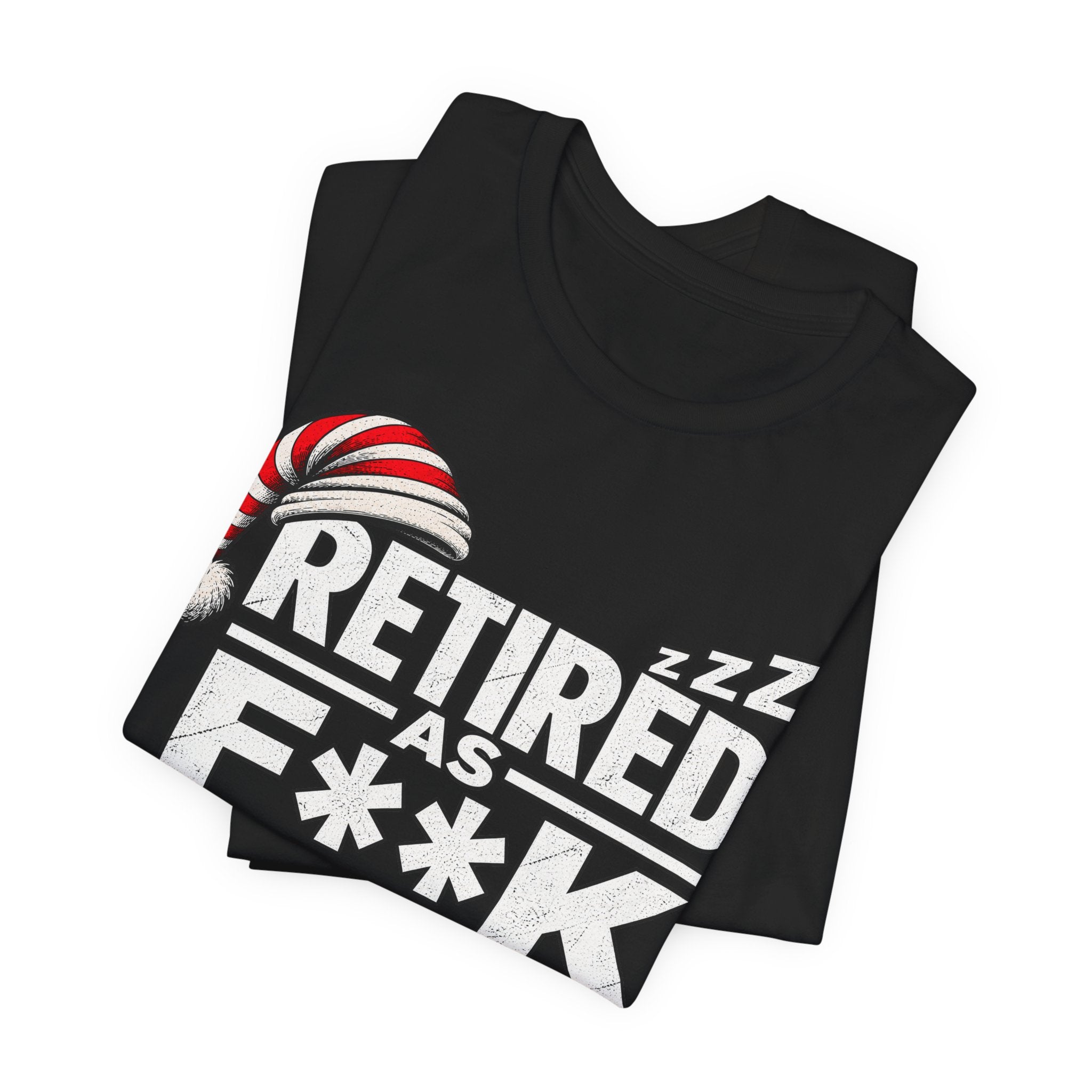 Black Retired As F**K T-shirt folded with the censored lettering angled across the fold