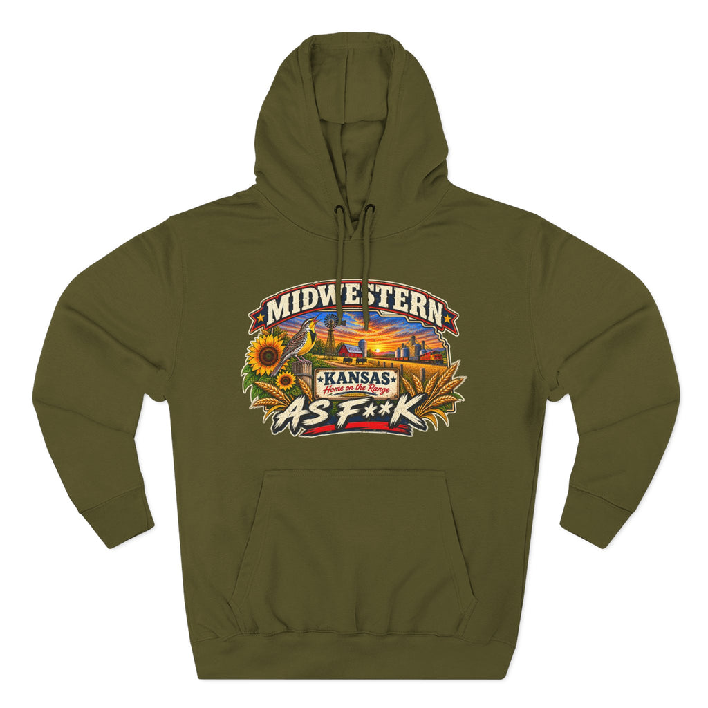 Army green Kansas As F**K hoodie laid flat with the vintage prairie farm artwork