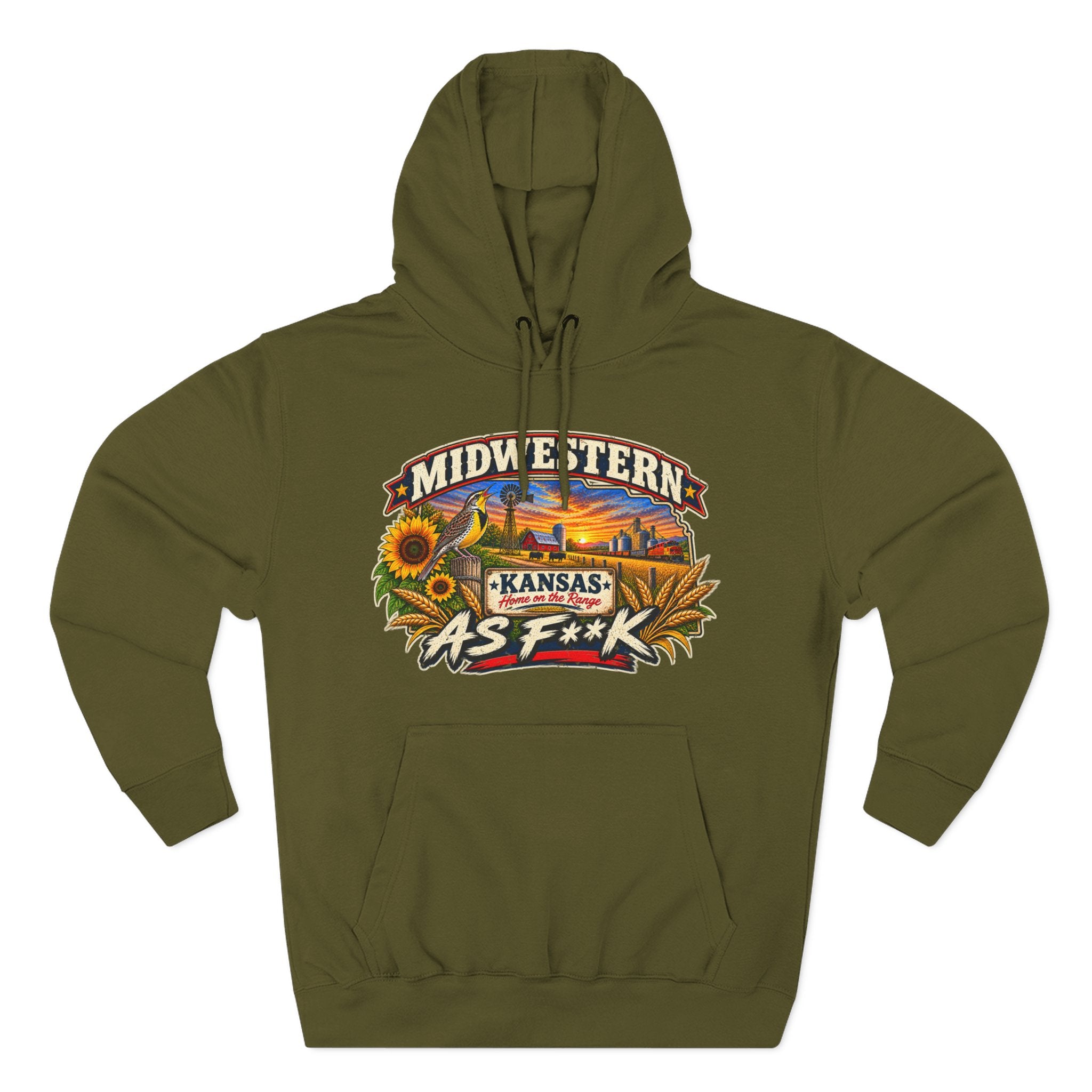 Army green Kansas As F**K hoodie laid flat with the vintage prairie farm artwork