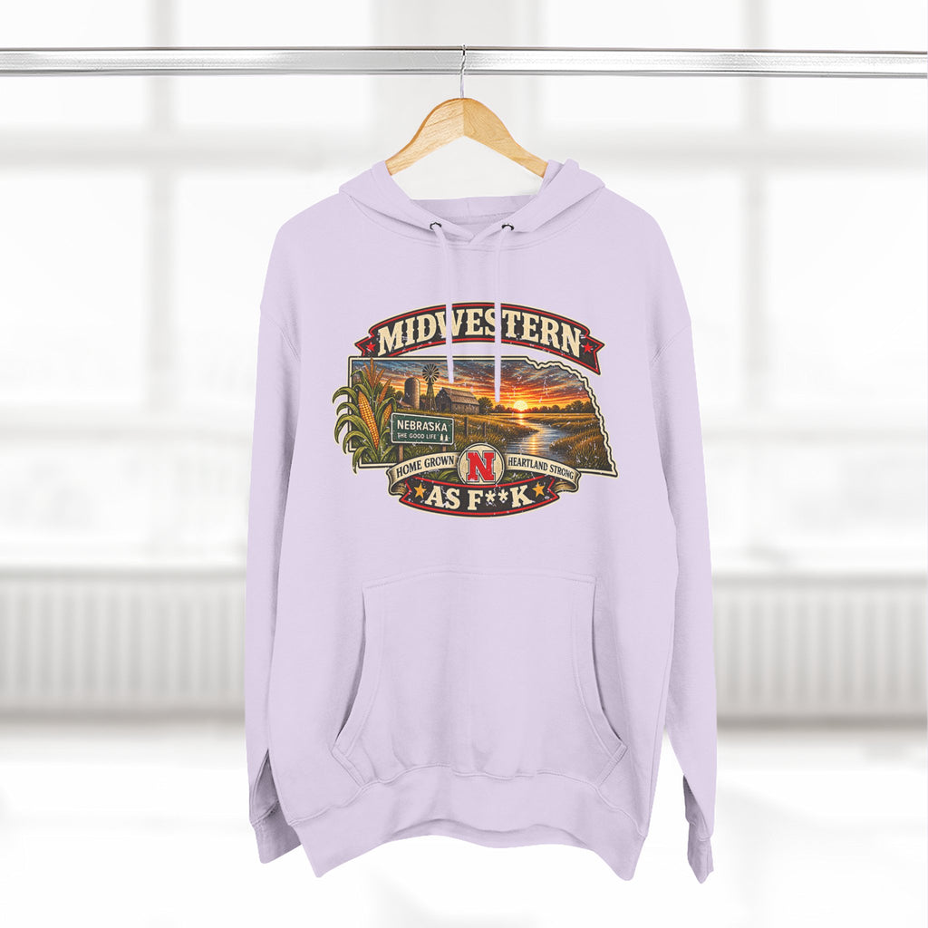 Lilac Nebraska As F**K hoodie on a wooden hanger with the Cornhusker State badge
