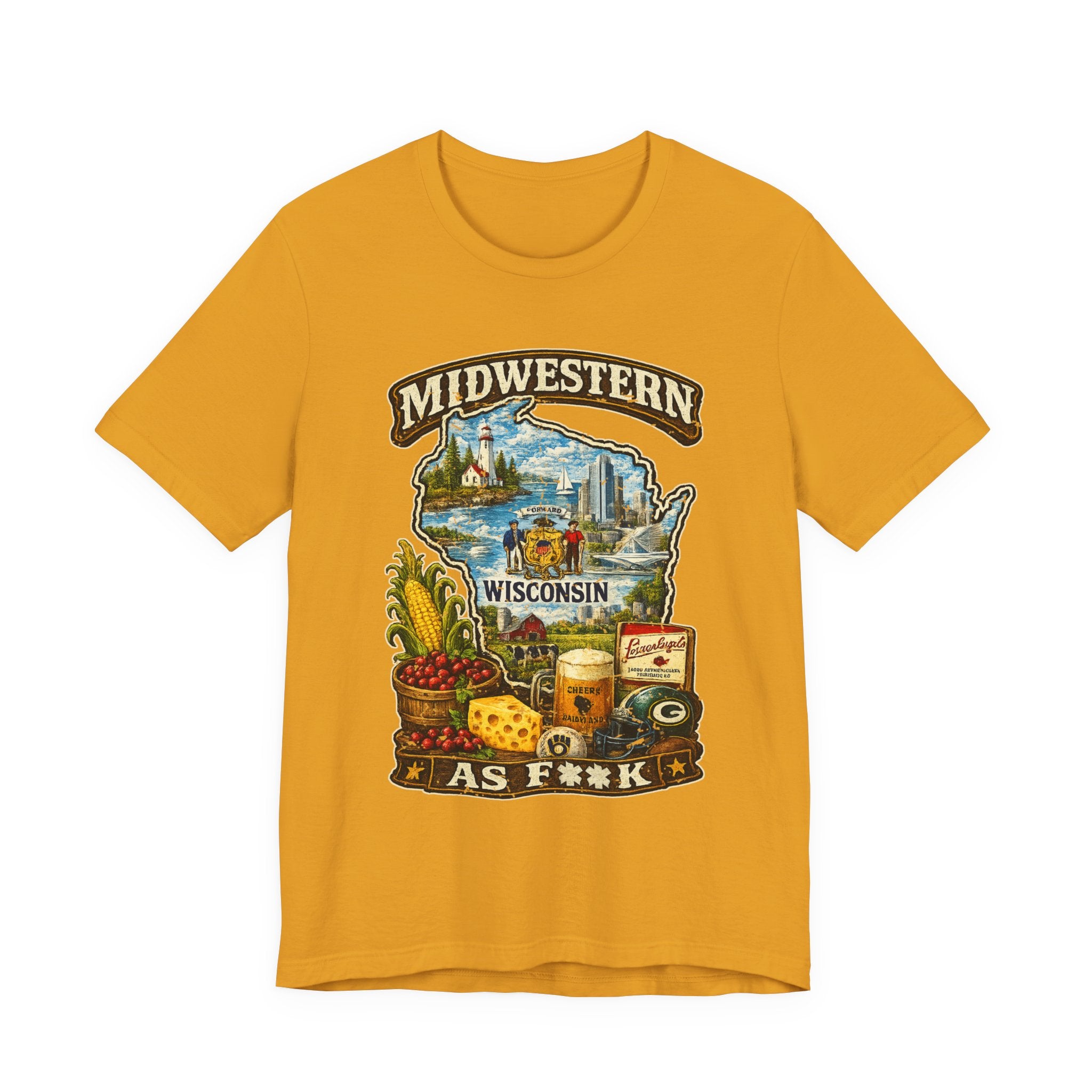 Mustard Midwestern As F**K Wisconsin T-Shirt, slightly salty Cheesehead State pride tee