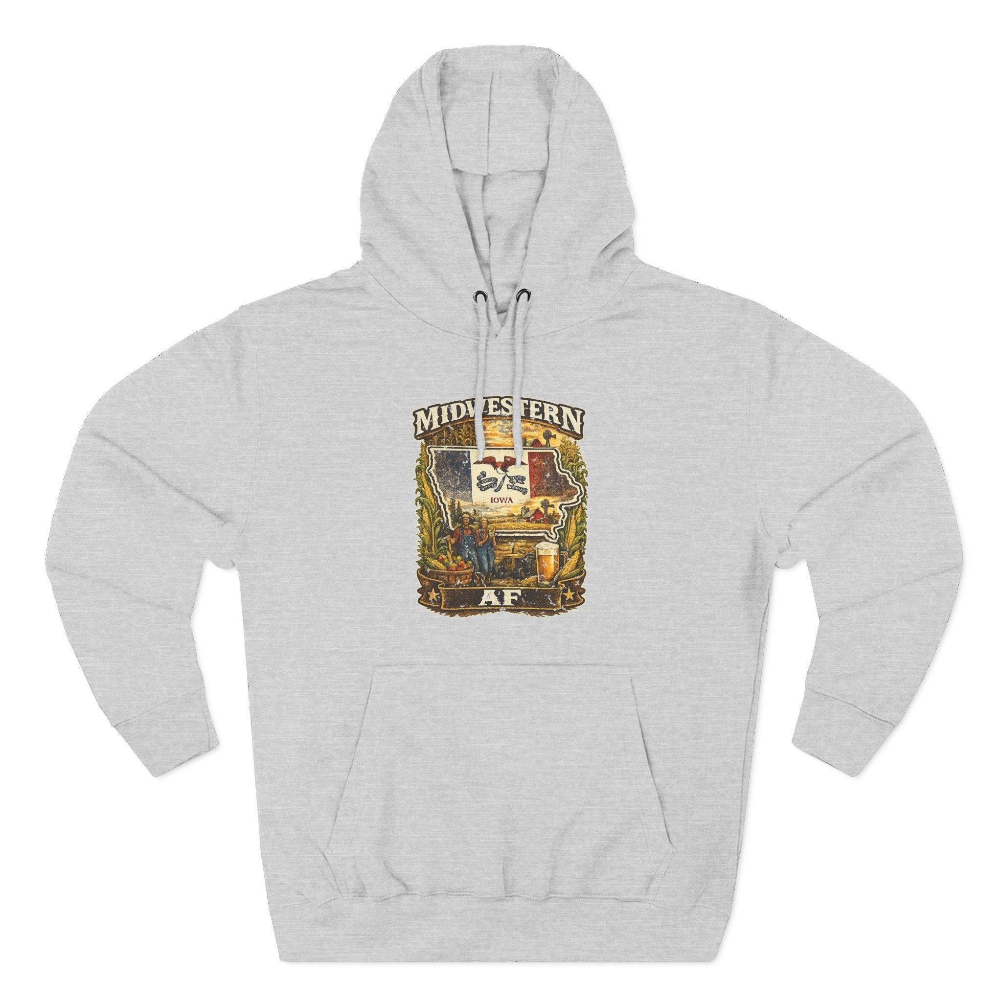 Family Friendly Midwestern AF Iowa Hoodie in Heather Grey – a distressed vintage design featuring the outline of Iowa overlaid with the Iowa state flag, surrounded by towering corn stalks, rolling farmland, a classic red barn, a windmill, a tractor, and an overflowing harvest basket