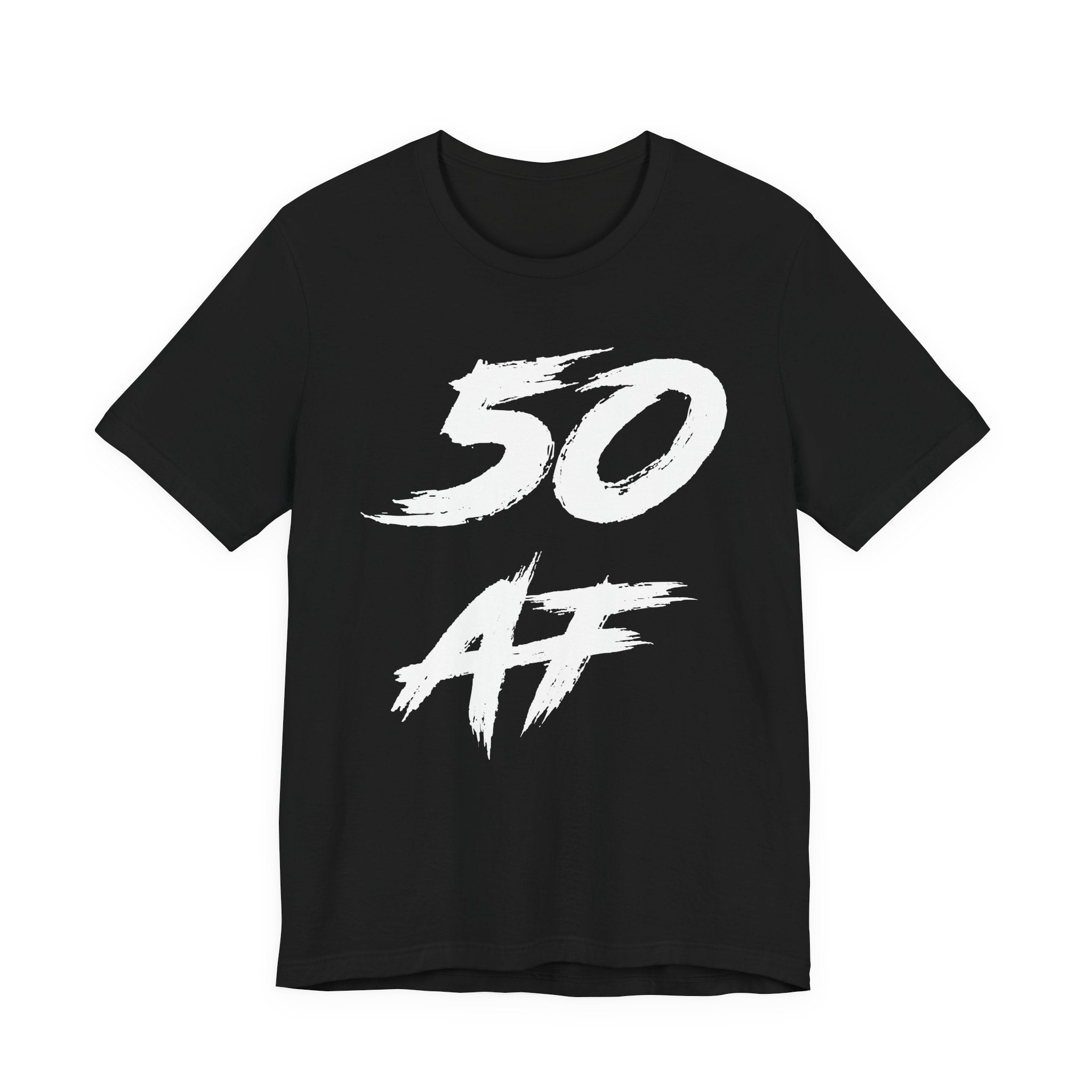 Black birthday tee laid flat, white distressed 50 AF lettering across the chest