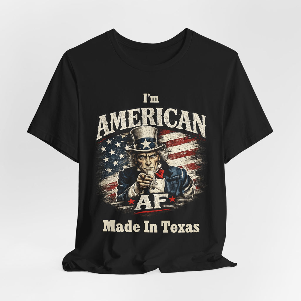 Black t-shirt casually draped with soft folds, displaying the Uncle Sam AF Made In Texas graphic.
