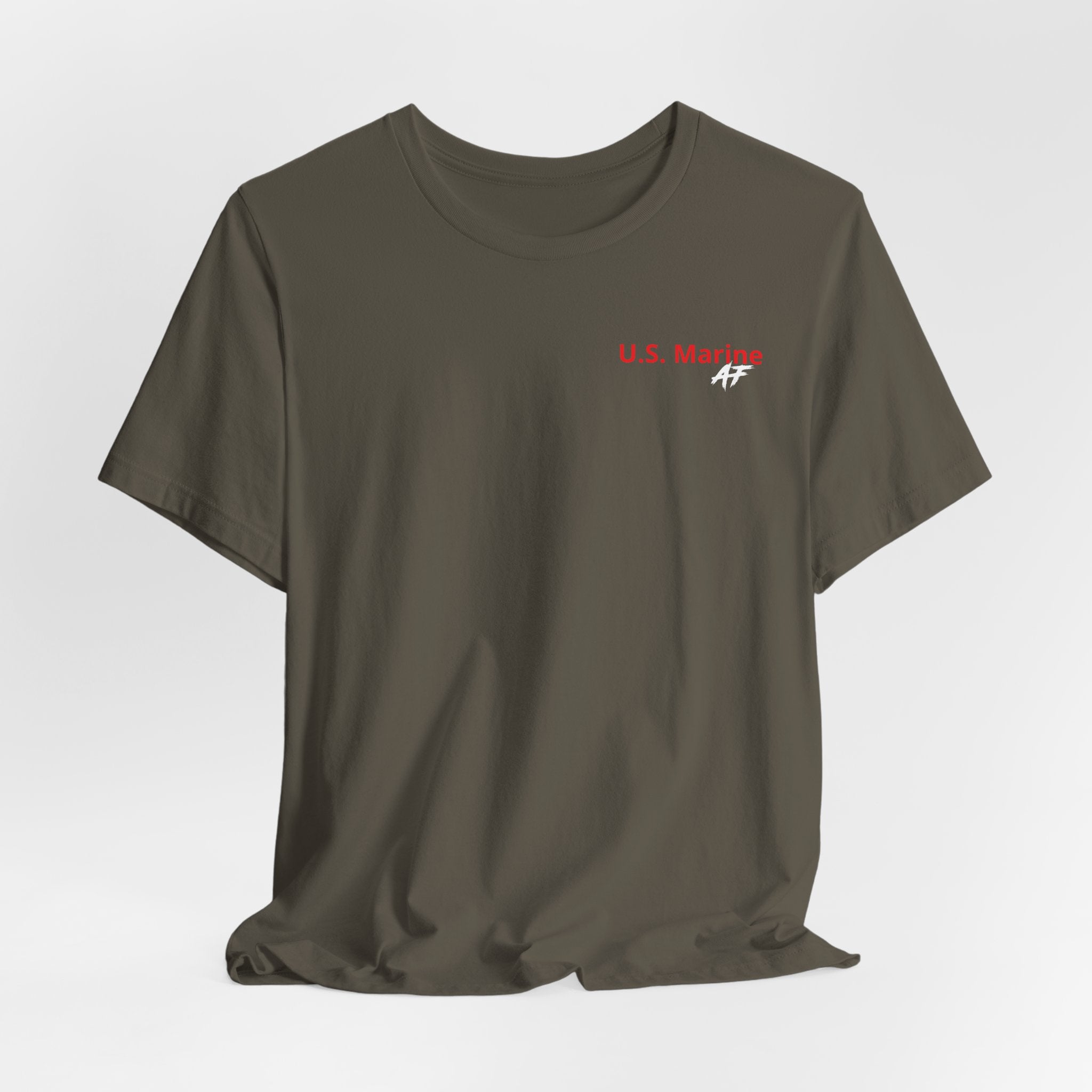 Marine Corps veteran T-shirt in Army green shown draped with the U.S. MARINE AF chest print