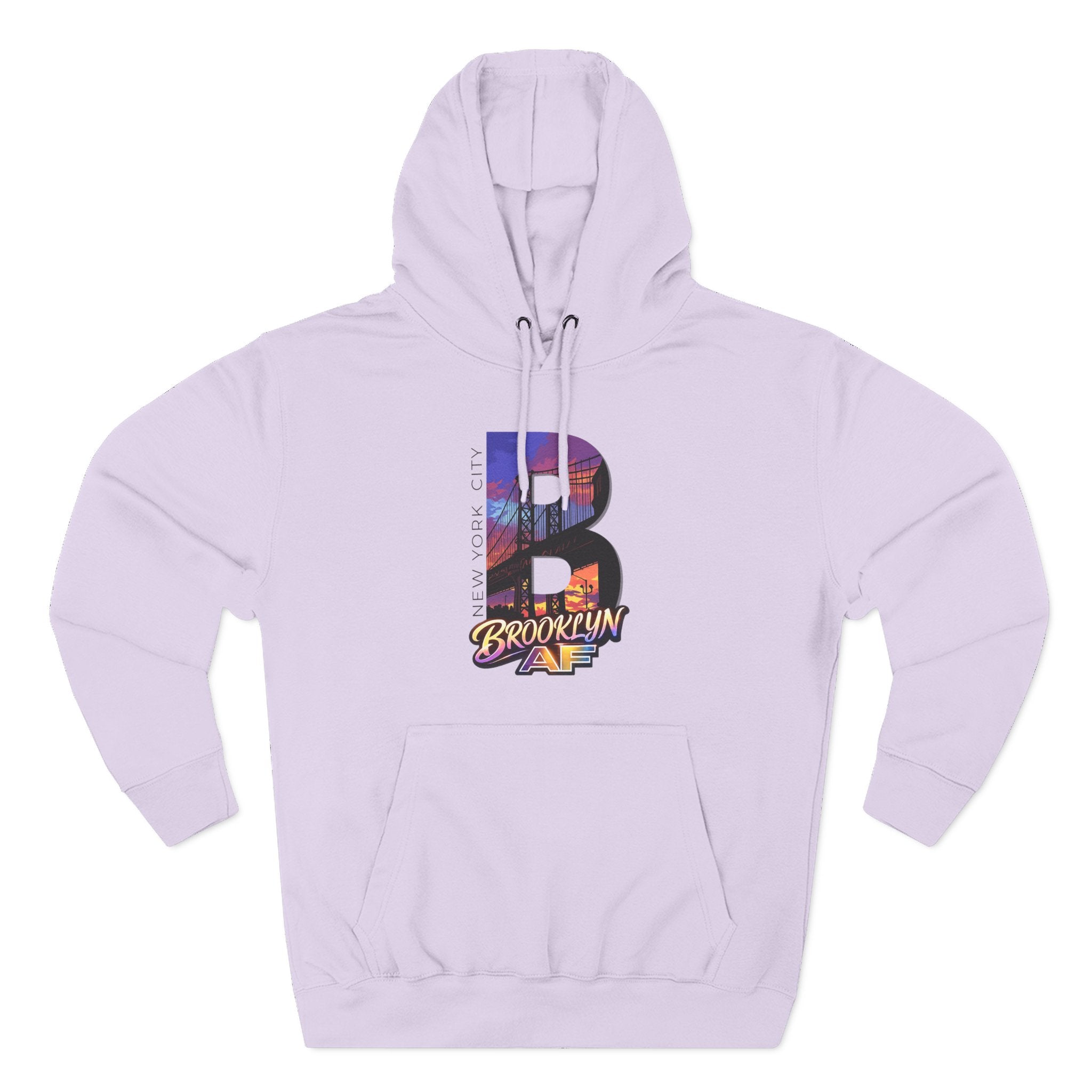 Lilac hoodie, flat lay front view, bold oversized B framing a Brooklyn Bridge sunset skyline graphic and Brooklyn AF script.