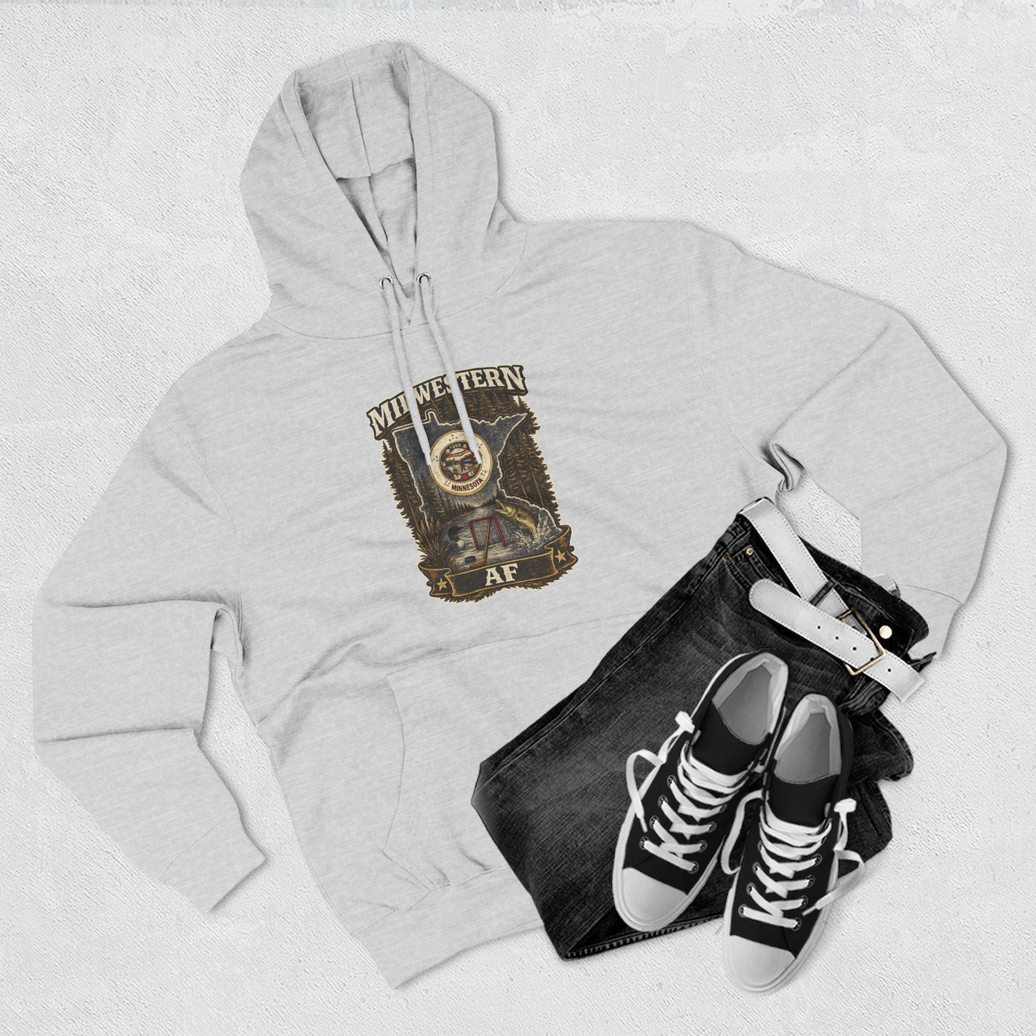 Family Friendly Midwestern AF Minnesota Hoodie – product photo 14 featuring the distressed state flag, pine trees, loon and walleye design
