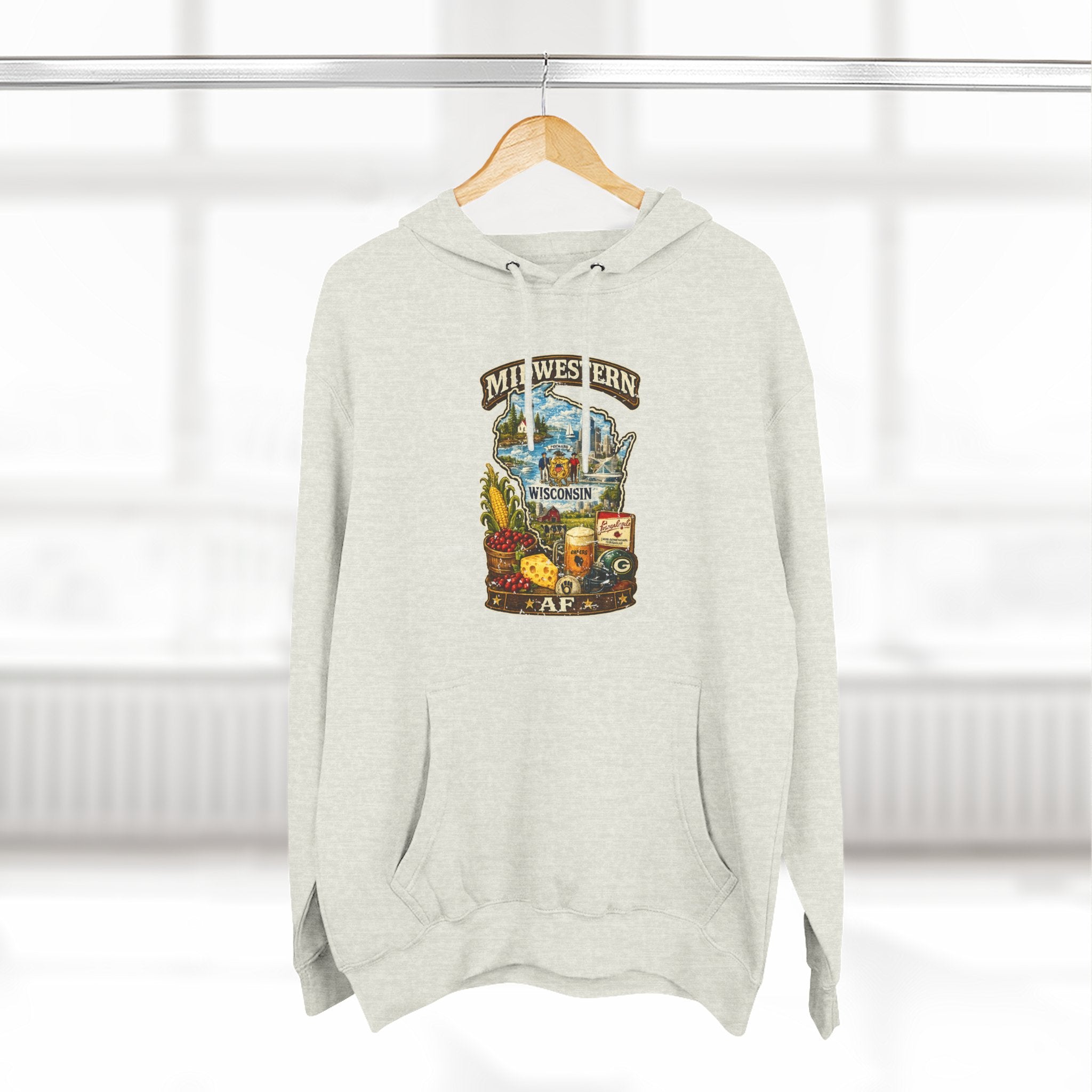 Midwestern AF Wisconsin Hoodie | Funny Wisconsin Pride Hoodie | Lane Seven LS14001 3-Panel Fleece | Family Friendly Cheesehead State Hoodie