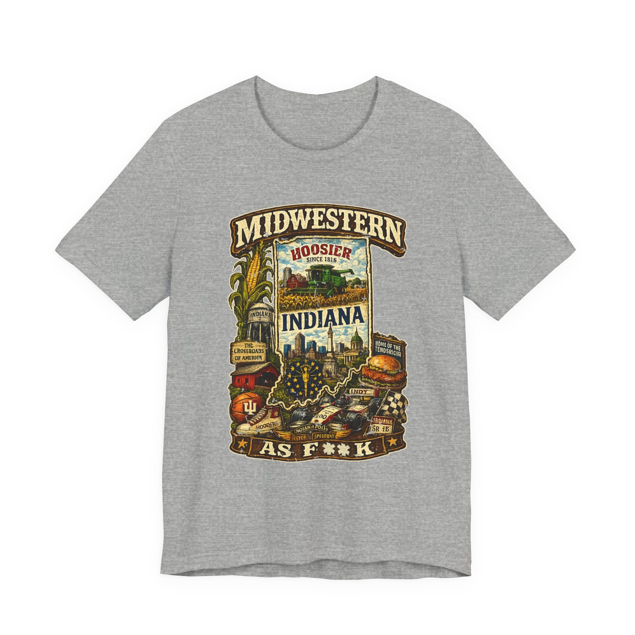 Athletic Heather Midwestern As F**K Indiana T-Shirt, slightly salty Hoosier State pride tee