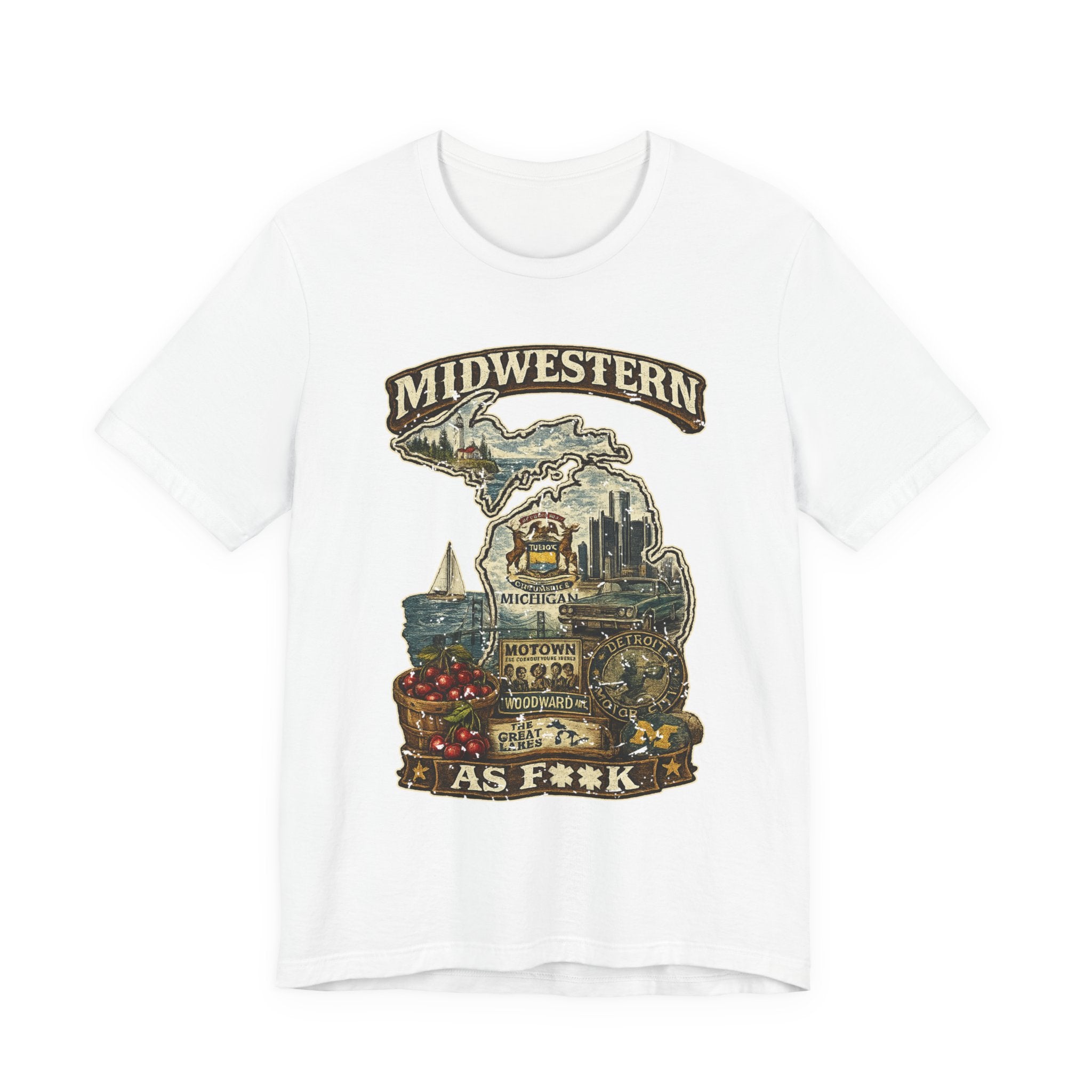 Slightly Salty Midwestern As F**K Michigan T-Shirt in White – a distressed vintage design featuring Michigan's Upper and Lower Peninsulas overlaid with the state outline, surrounded by Detroit's skyline, Woodward Avenue, the Great Lakes, and Traverse City cherries