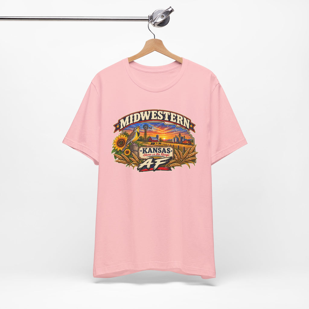 Pink Kansas AF T-shirt hanging on a wooden hanger