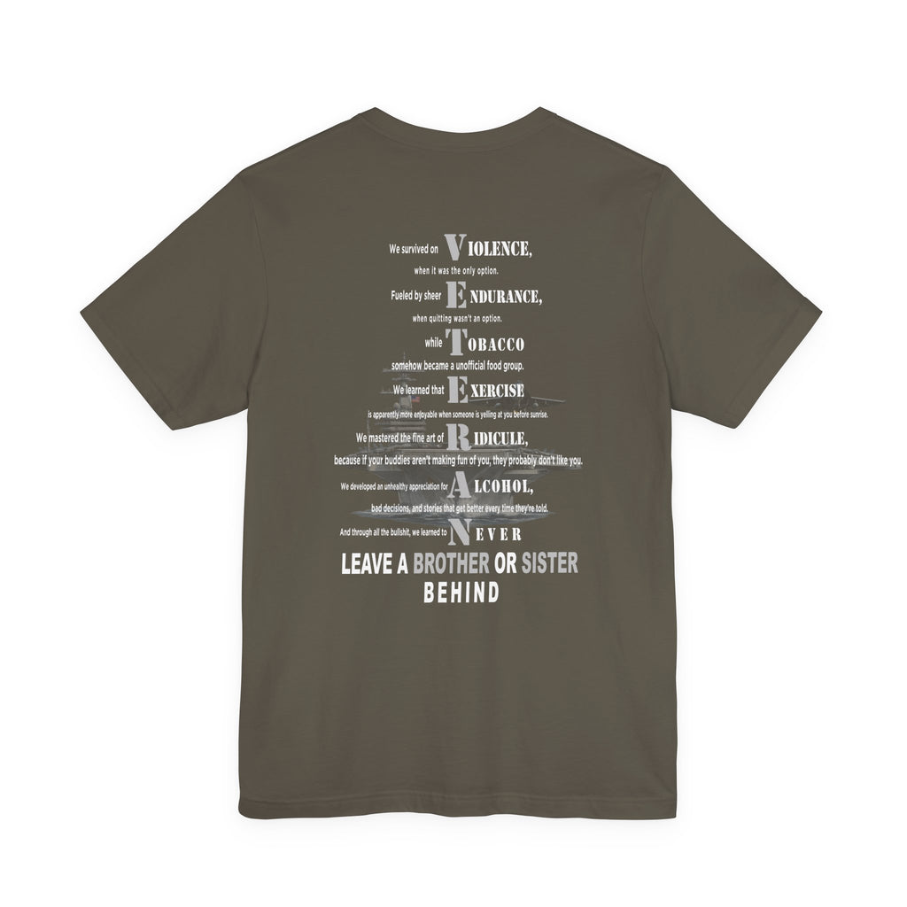 Navy veteran tee in Army green, VETERAN acrostic back print over a faded aircraft carrier