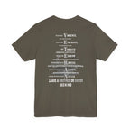 Navy veteran tee in Army green, VETERAN acrostic back print over a faded aircraft carrier