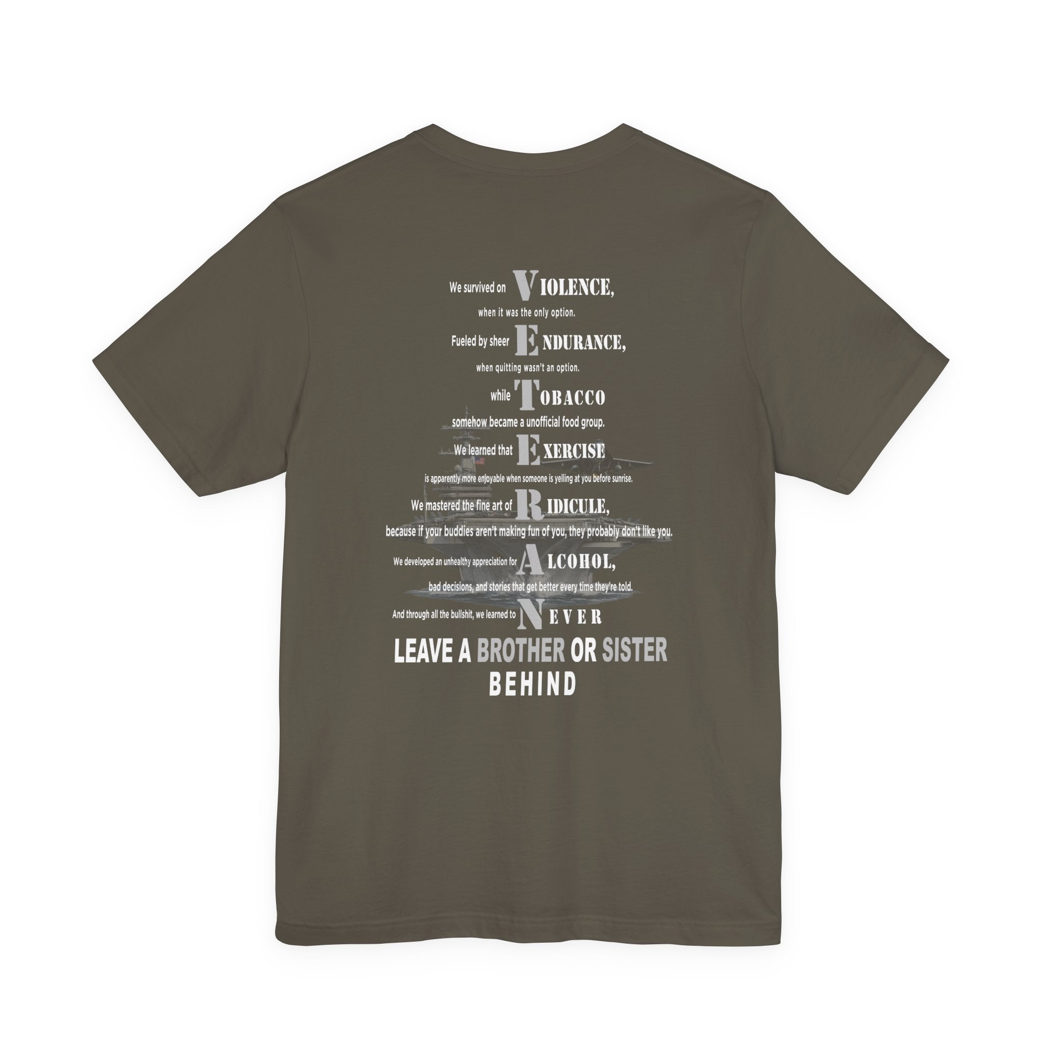 Navy veteran tee in Army green, VETERAN acrostic back print over a faded aircraft carrier