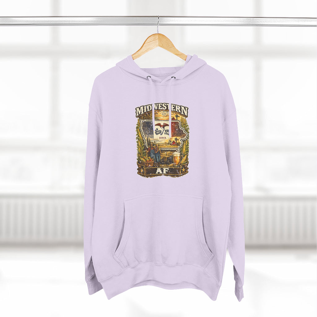 Family Friendly Midwestern AF Iowa Hoodie – product photo 22 featuring a distressed vintage design featuring the outline of Iowa overlaid with the Iowa state flag, surrounded by towering corn stalks, rolling farmland, a classic red barn, a windmill, a tractor, and an overflowing harvest basket