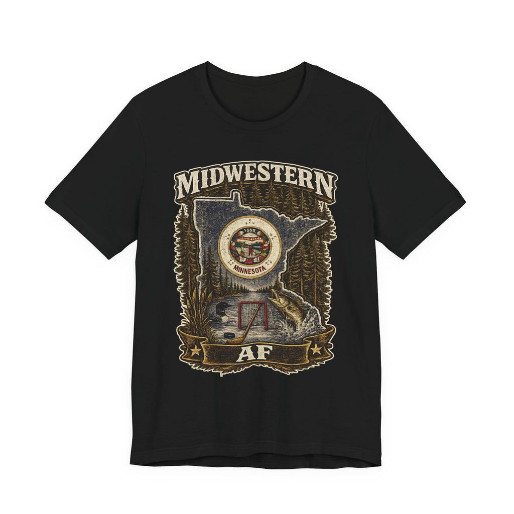 Family Friendly Midwestern AF Minnesota T-Shirt in Black – distressed Minnesota state flag design with pine trees, loon and walleye