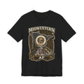 Family Friendly Midwestern AF Minnesota T-Shirt in Black – distressed Minnesota state flag design with pine trees, loon and walleye